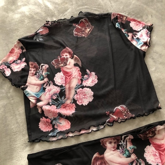 Women’s 2 piece Mesh Set Large Angel Print Y2K Scallop Hem Koket Cutesy girlie - Picture 3 of 4